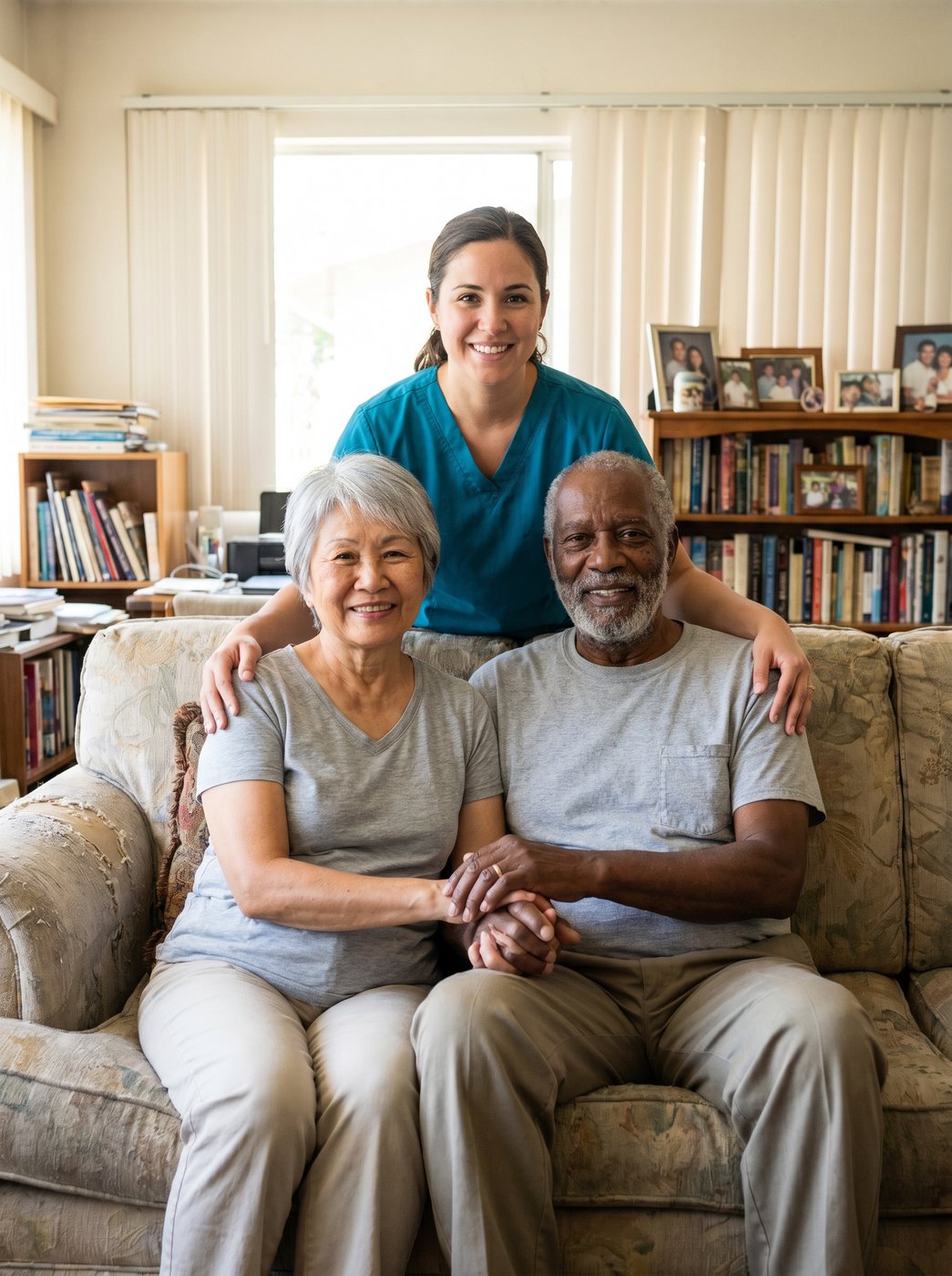 An elder couple at home with a caregiver