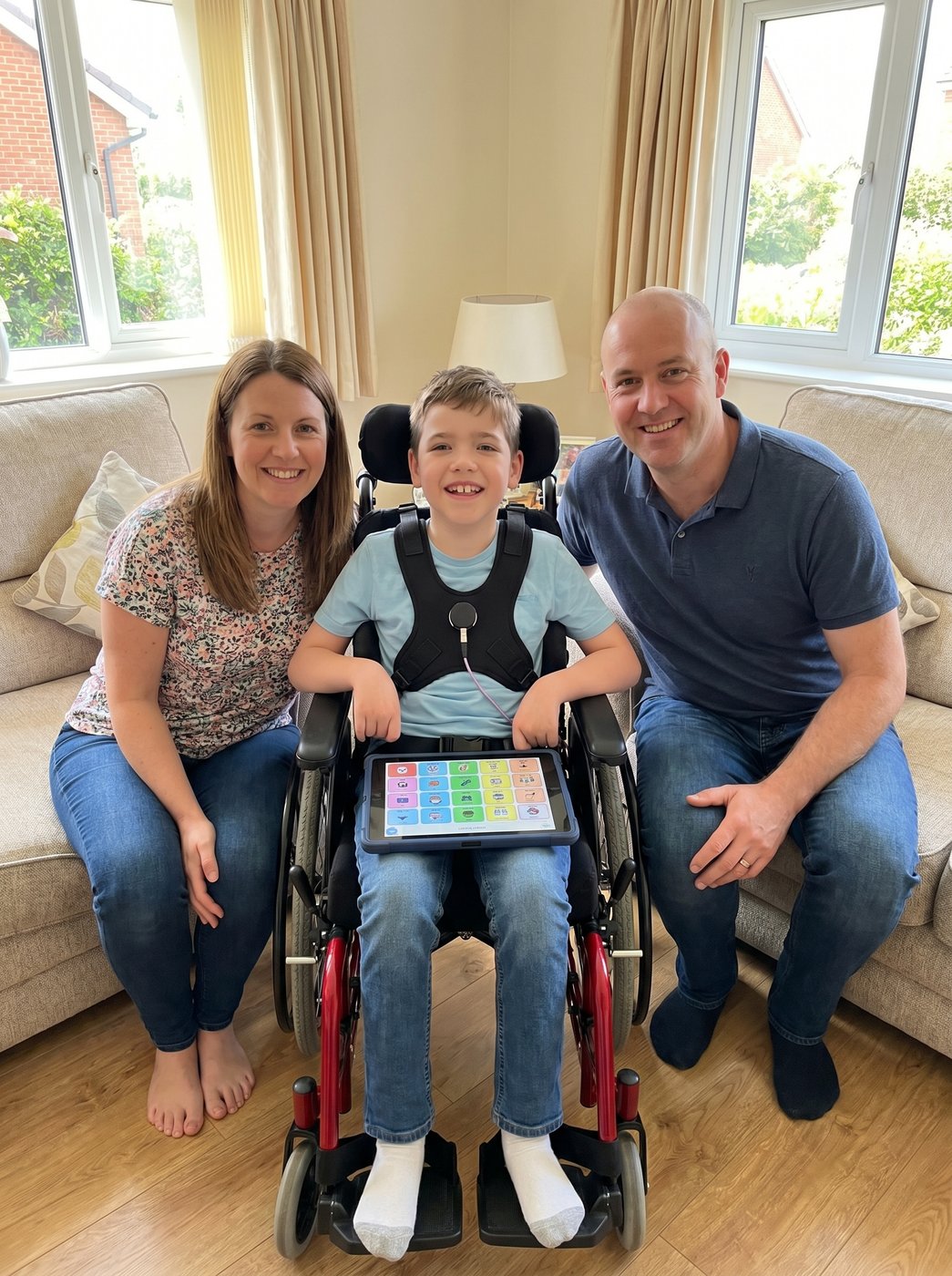 A family with their child who uses a wheelchair and a communication device